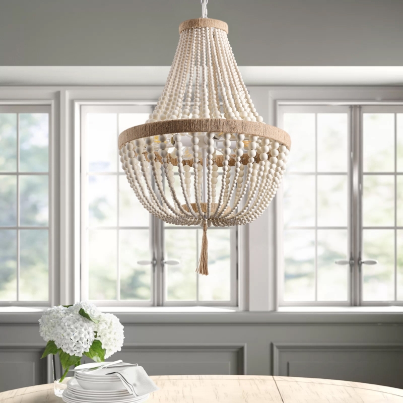 Chandelier Farmhouse 4-Light with Cascading White Beads and Brass