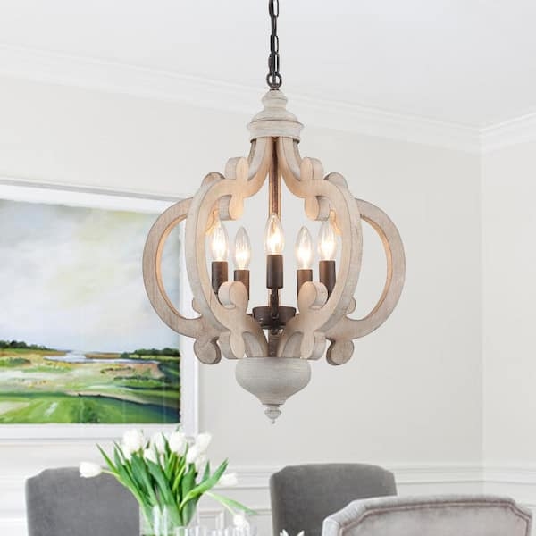 Chandelier Five Light Black Metal Frame Distressed Wood Accents