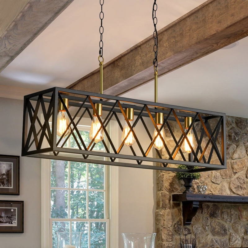 Chandelier, Five-Light Linear, Black Cage Frame, Exposed Bulb Dining Light