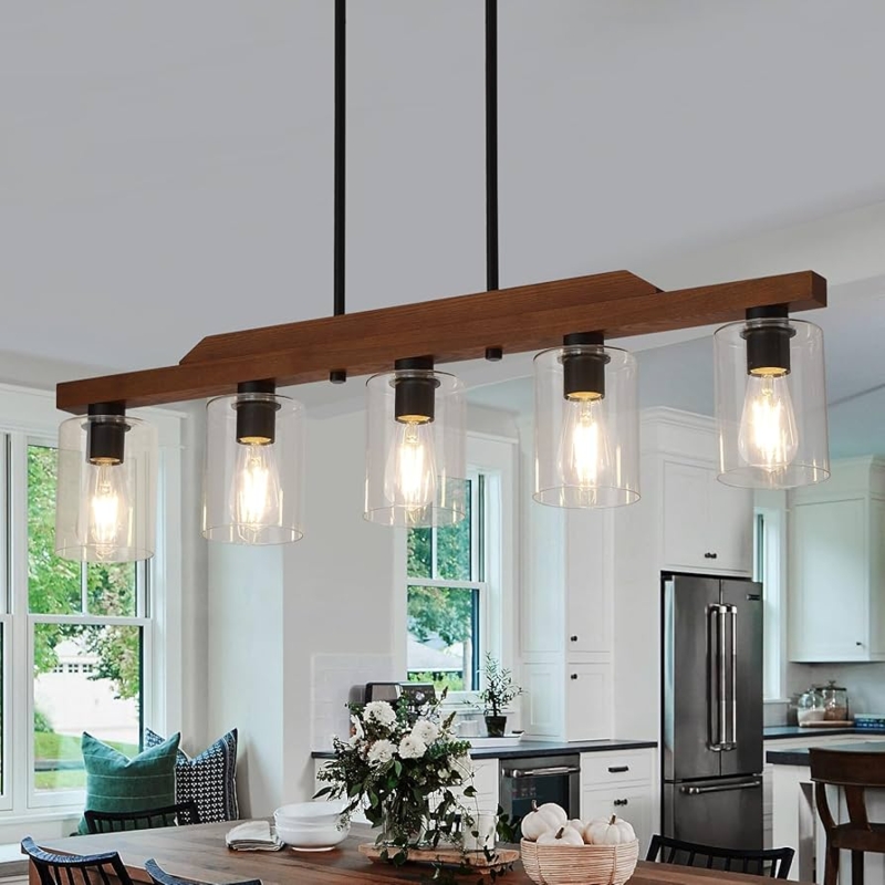 Chandelier Five Light Wood Beam with Cylindrical Clear Glass Shades