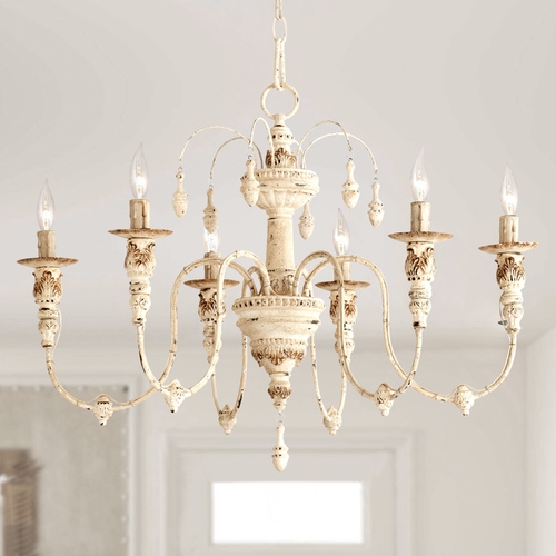 Chandelier French Country Distressed White with Crystal Bead Swags