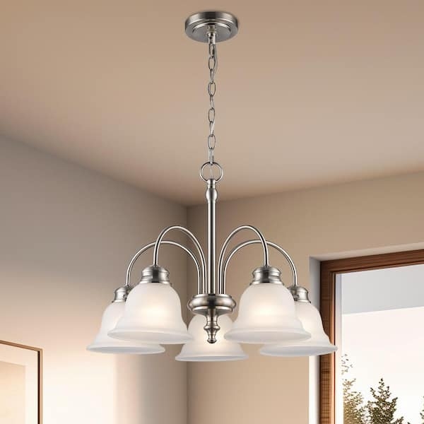 Chandelier Frosted Glass Bell Shades Brushed Nickel Downlight
