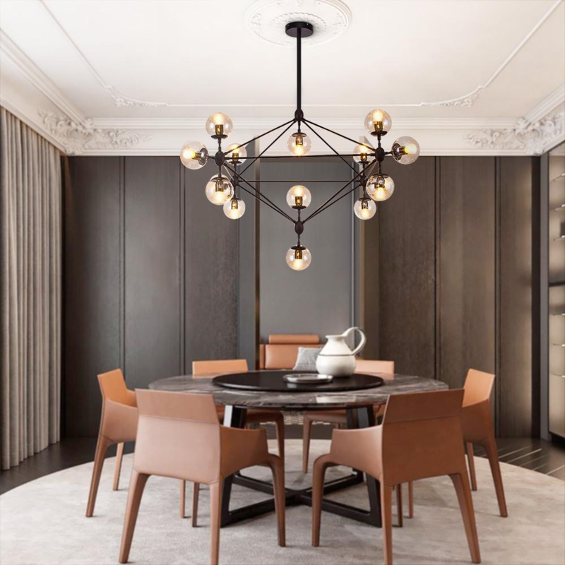 Chandelier Geometric Branching Frame, Matte Black and Gold, Glass Globes.