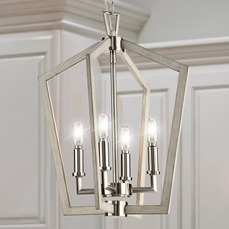 Chandelier Geometric Cage Frame Tiered Fabric Shades Brushed Nickel