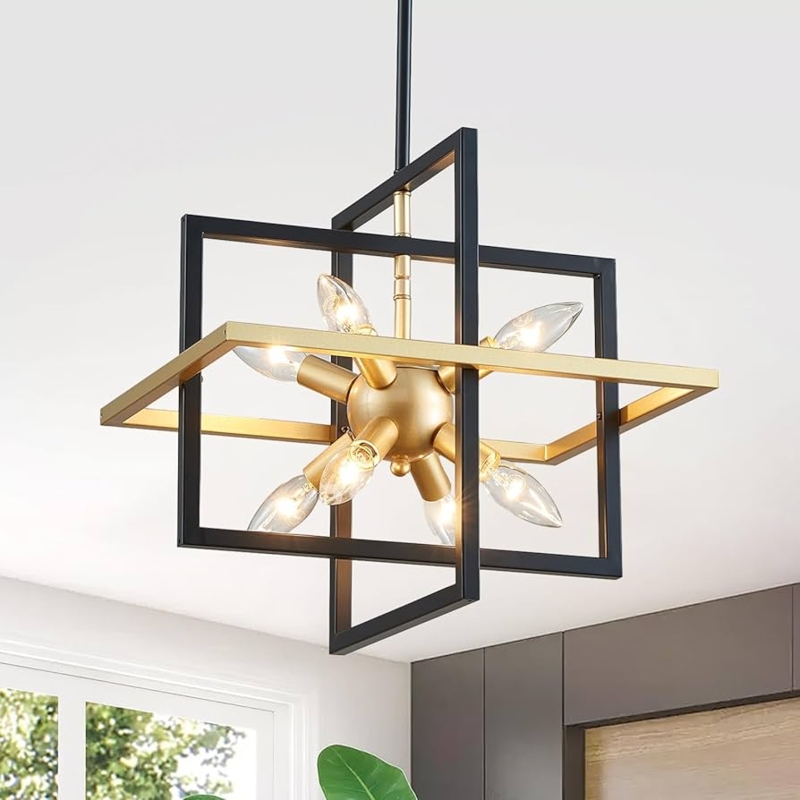 Chandelier Geometric Cage Mixed Metal Finish Linear Eight Lights
