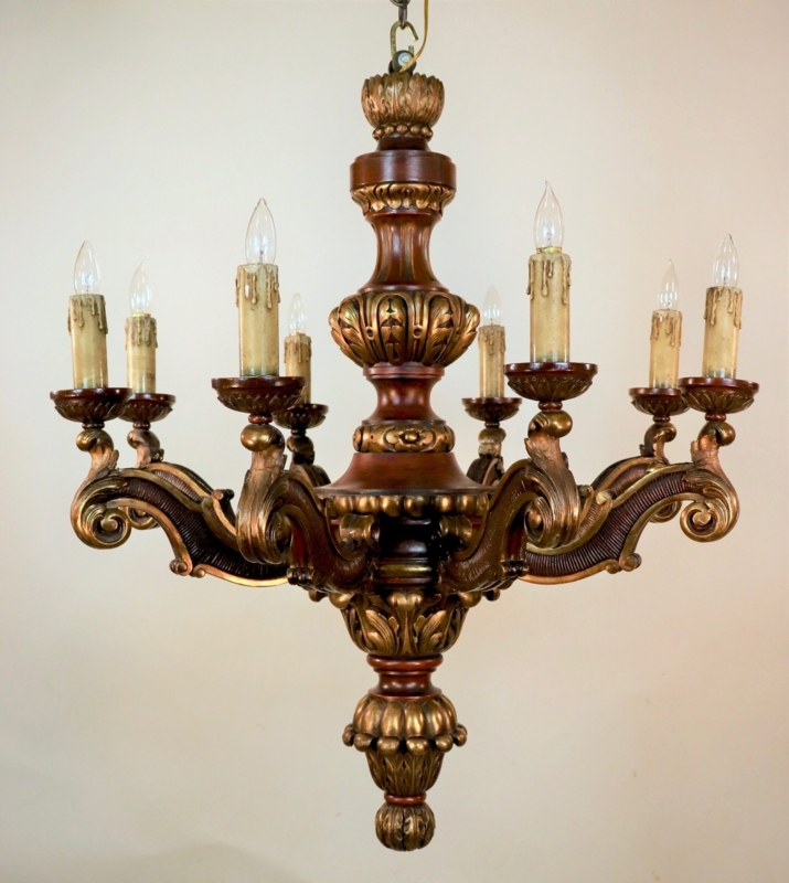 Chandelier, Gilt Wood Carving & Crystal Swags, French Traditional