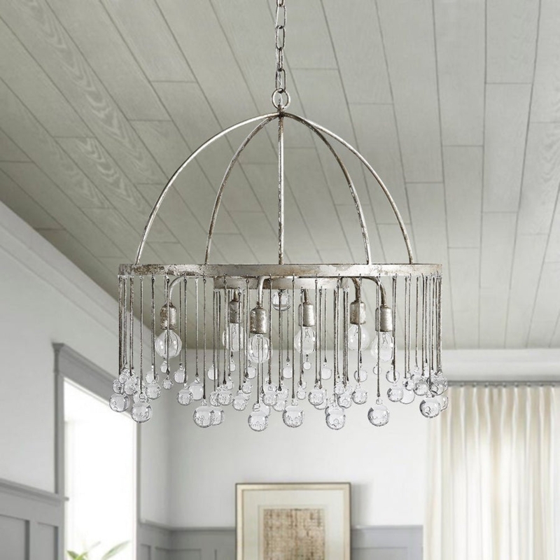 Chandelier: Glam Farmhouse Antique Silver with Faceted Crystal Prisms