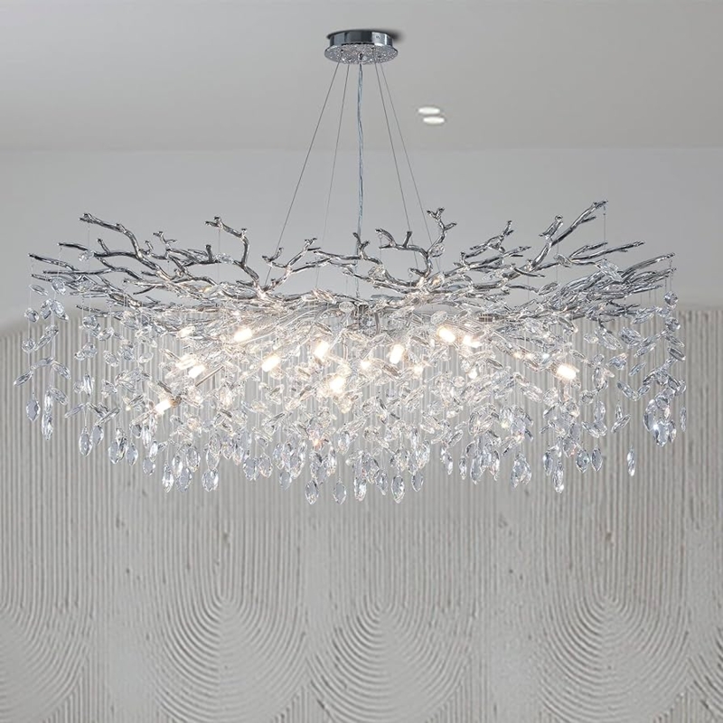 Chandelier: Glam Luxury Silver Branch Silhouette with Crystal Raindrops
