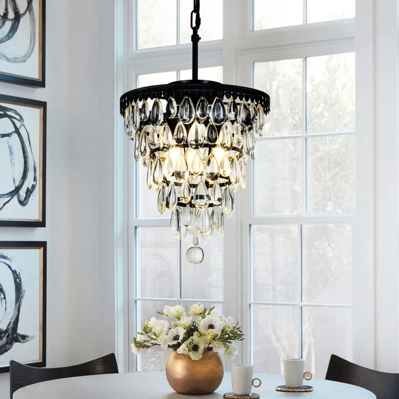 Chandelier Glass Teardrop Pendants Circular Frame Three Light Fixture