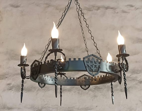Chandelier Globe Cage: Wrought Iron & Wood Rustic Farmhouse Orb Fixture