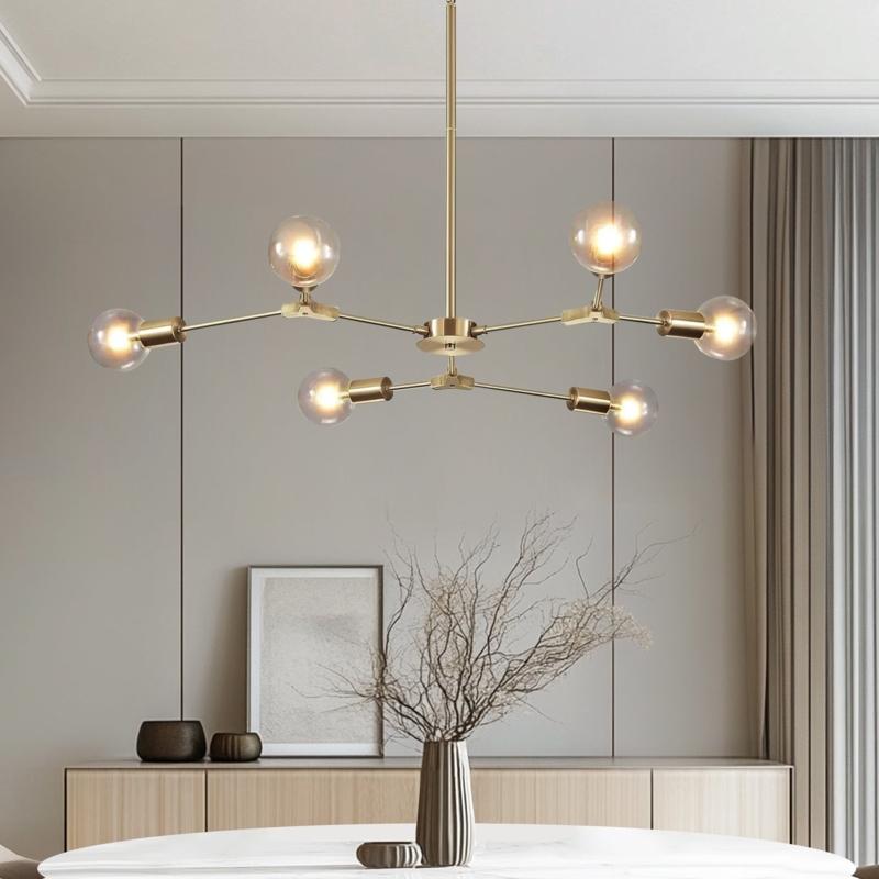 Chandelier Globe Shades Brushed Brass Clear Glass Mid Century Modern