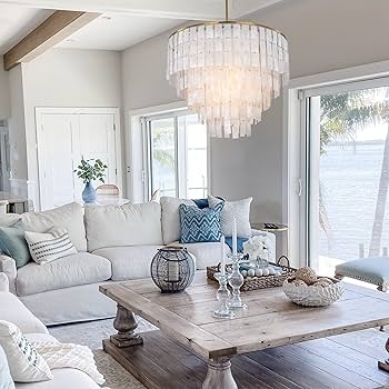 Chandelier Gold Capiz Shell Boho Chic Coastal Bedroom Lighting