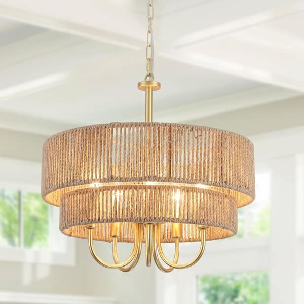 Chandelier Gold Drum Frame Two Tier Rope Wrapped Boho Chic