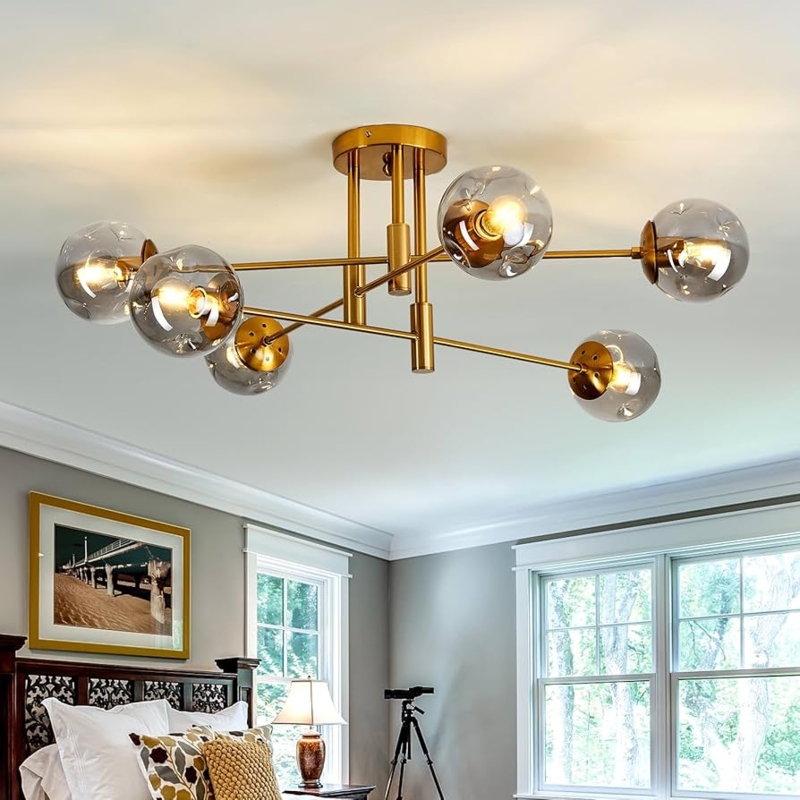 Chandelier Gold Frosted Glass Globe Shades Mid Century Sputnik