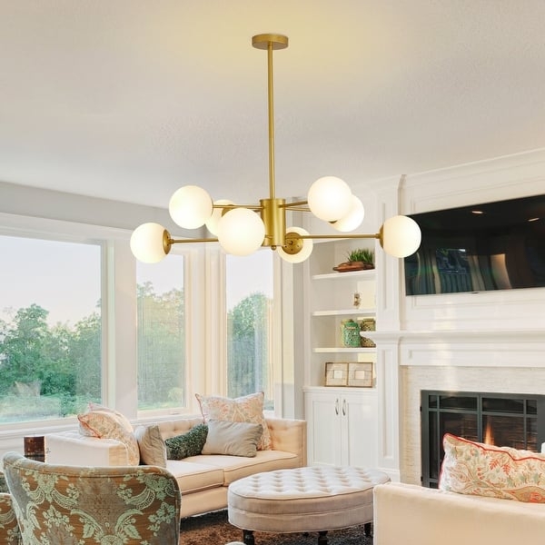 Chandelier Gold Linear Frame White Glass Globe Mid-Century Lighting
