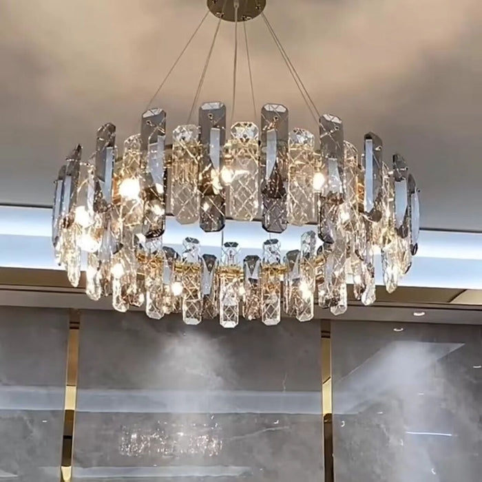 Chandelier Gold Tiered Smoky Gray Glass Drum Modern Glam Dining