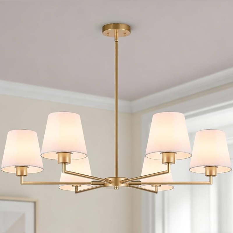 Chandelier Gold Tone Frame White Fabric Drum Shade Six Light Fixture