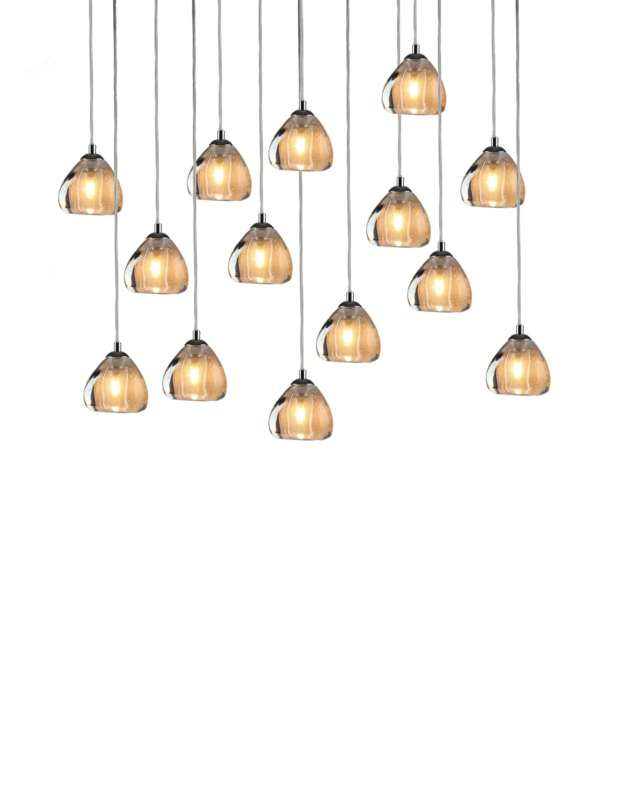 Chandelier Gold Triangular Frame 14-Light Seeded Glass Teardrop Glam