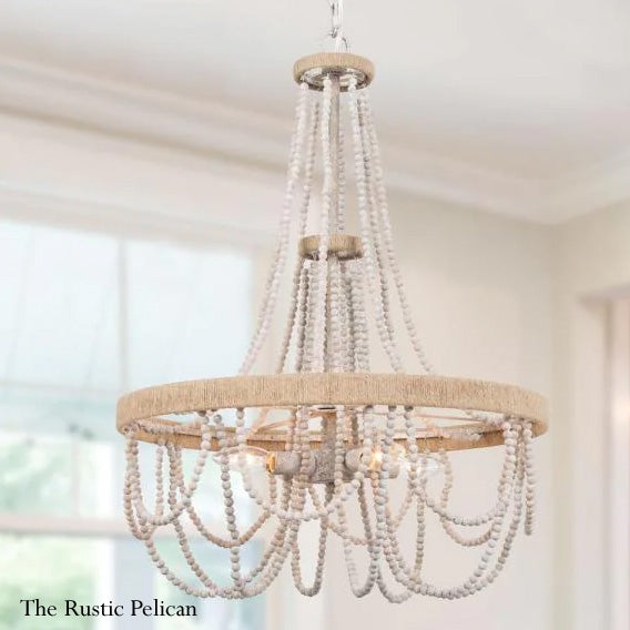 Chandelier Grey Wood Beads Large Tassel Coastal Beaded Lighting