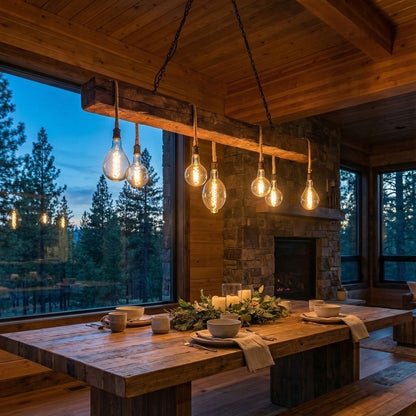 Chandelier Hand-Hewn Wood Beam Cord Wrapped Exposed Bulbs Rustic
