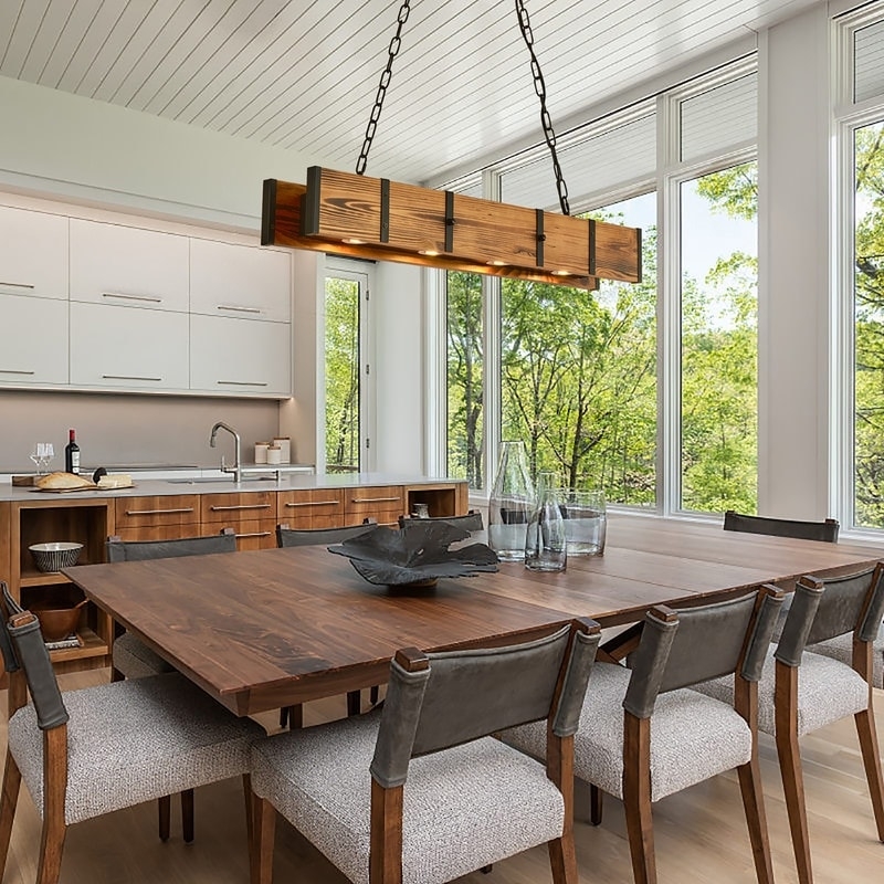 Chandelier, Integrated Downlight, Wood Beam Design, Industrial Farmhouse