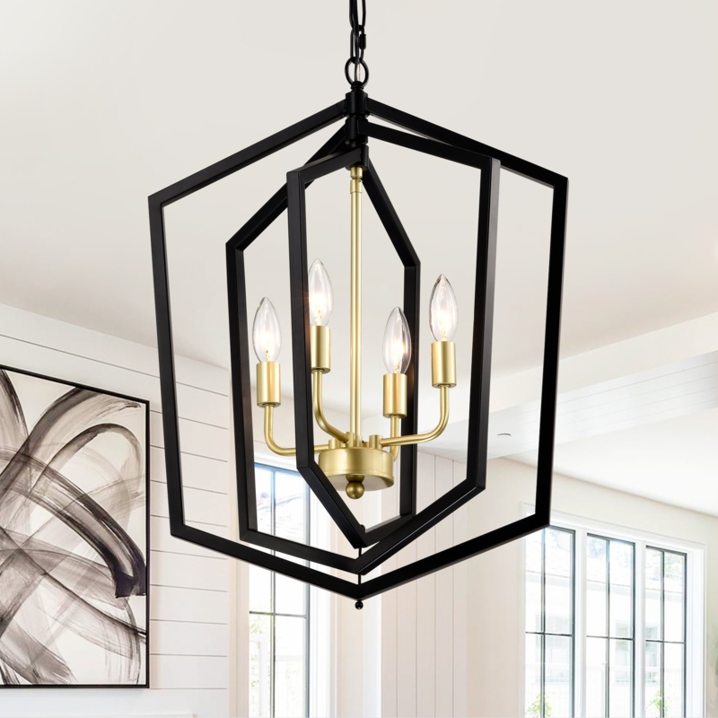 Chandelier Interlocking Frame Black Gold Four Light Industrial