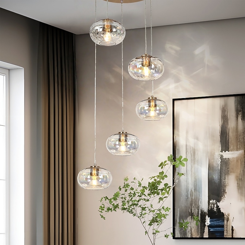 Chandelier, Iridescent Globe Glass with Polished Gold Frame