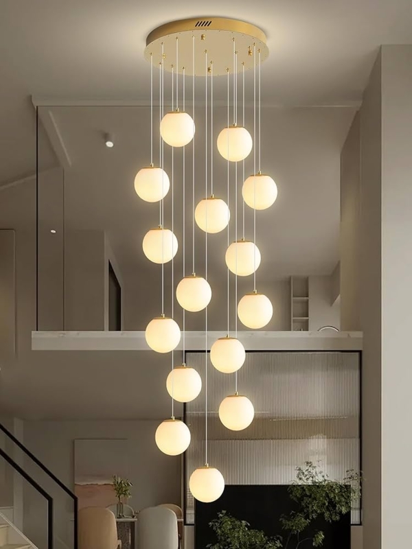 Chandelier: Large 15-Light Gold Branching Fixture with White Globes