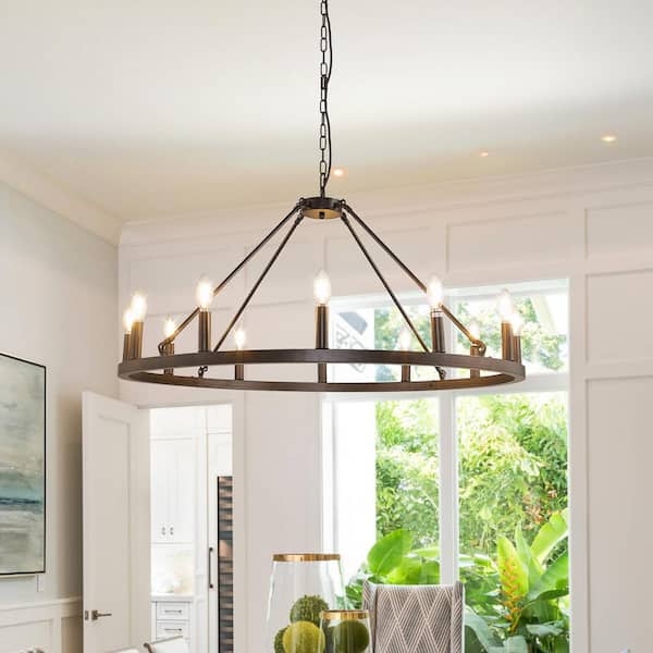Chandelier Large Black Wagon Wheel Twelve Light Matte Metal Farmhouse