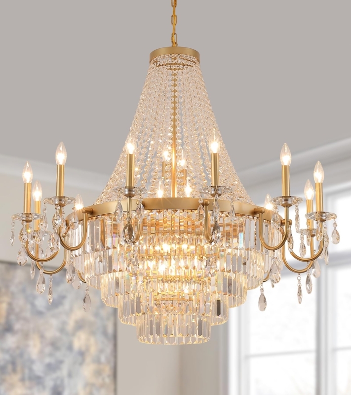Chandelier Large Gold Circular Light Fixture Vertical Crystal Two Tier
