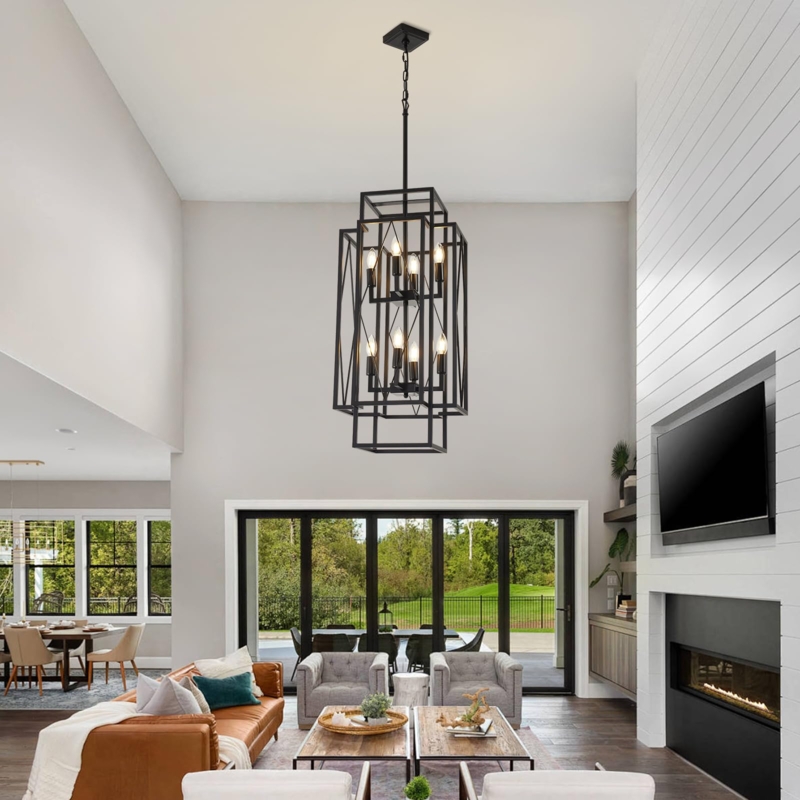 Chandelier Large Matte Black Two Tier Design Lantern Foyer Lighting