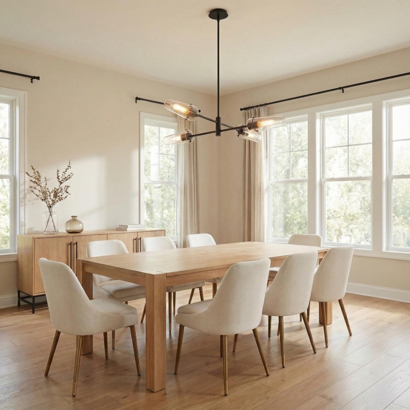 Chandelier Linear Arms Exposed Bulbs Minimalist Dining Room Light