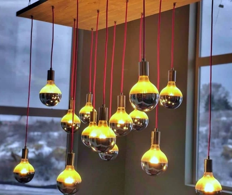 Chandelier Linear Wood Beam Canopy Staggered Glass Globes Industrial