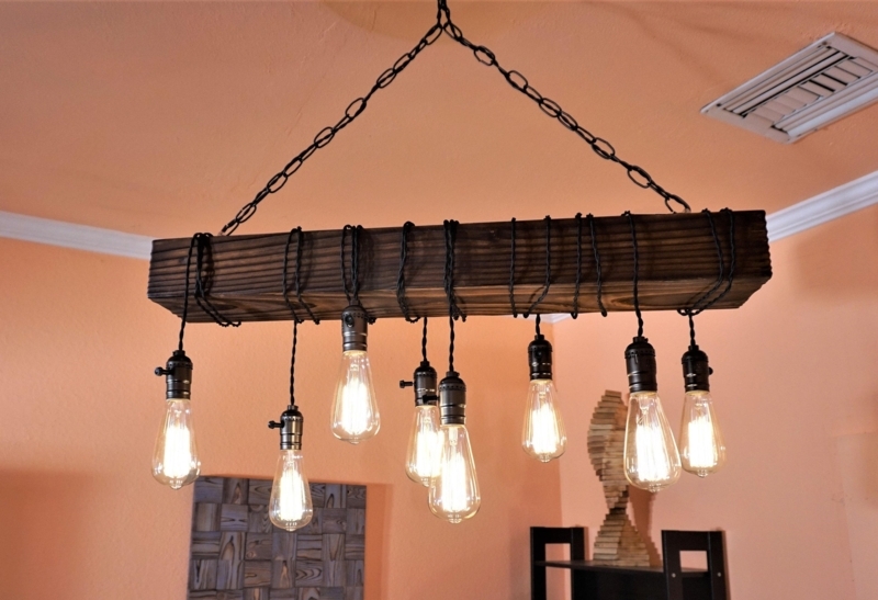 Chandelier Linear Wood Frame Exposed Filament Bulbs Industrial Style
