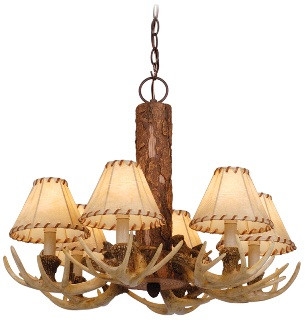 Chandelier Log Beam Silhouette Cutouts Amber Glass Rustic Ceiling Fixture
