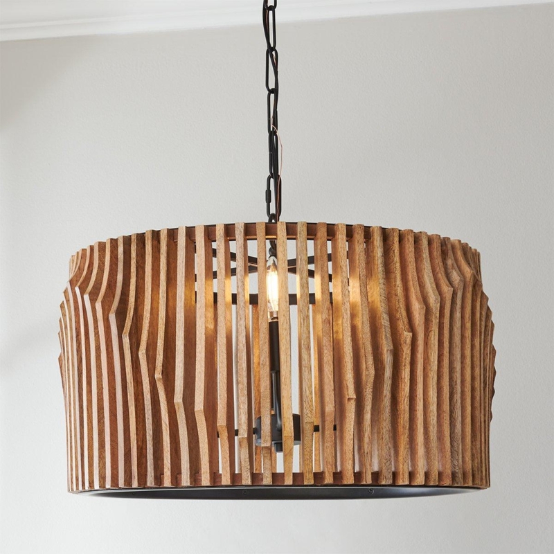 Chandelier, Mango Wood Rings & Matte Black, Industrial Drum Lighting