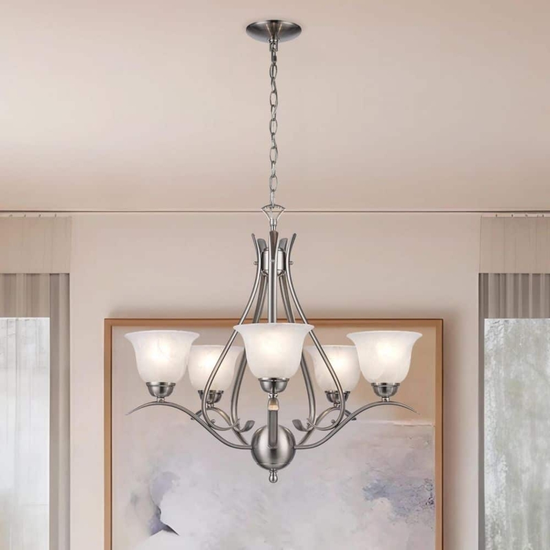 Chandelier Marbleized Glass Shades Scroll Arms Brushed Nickel 5-Light