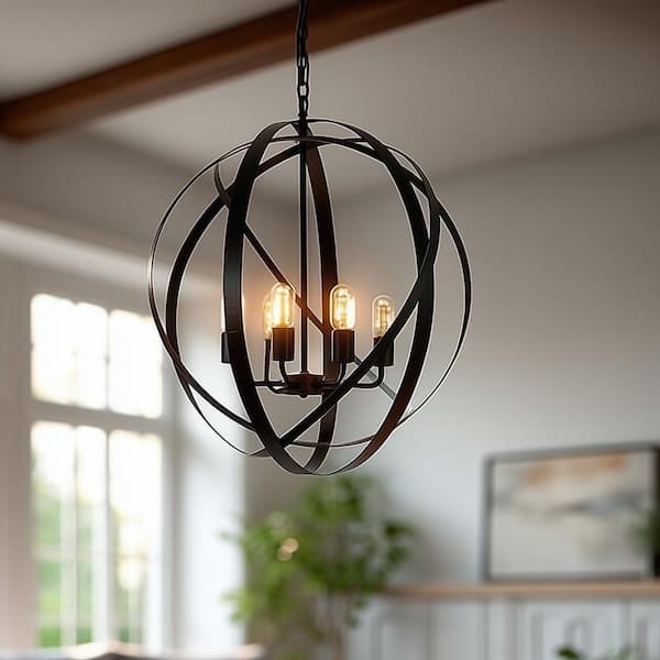 Chandelier Matte Black Orb Six Light Geometric Cage Farmhouse Fixture