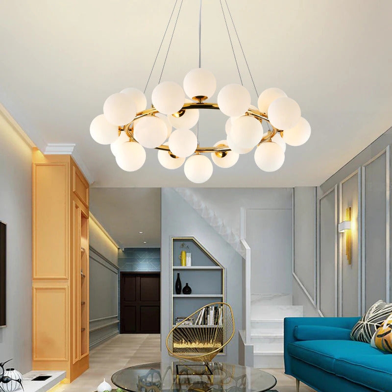 Chandelier Matte Black Staggered Branching Clear Glass Globes