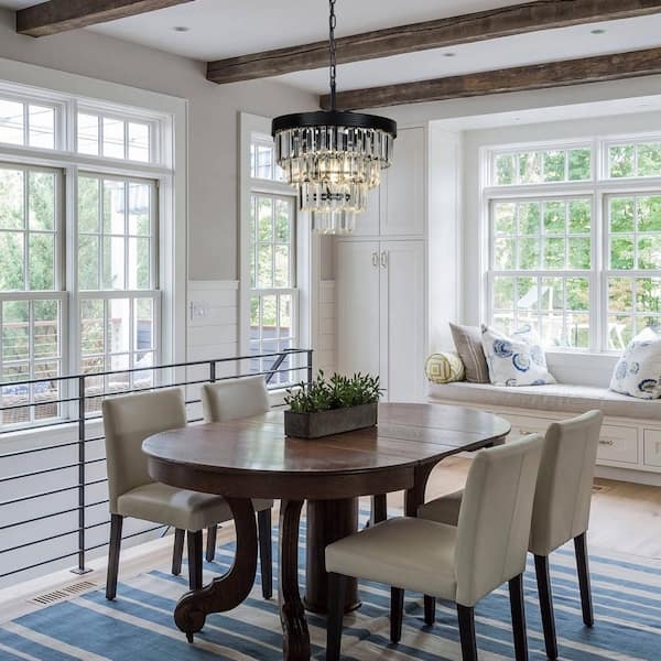 Chandelier: Matte Black Tiered Circular Frame with Faceted Crystals