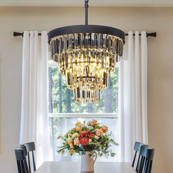 Chandelier: Matte Black Tiered Crystal Cone Shape Glam Style