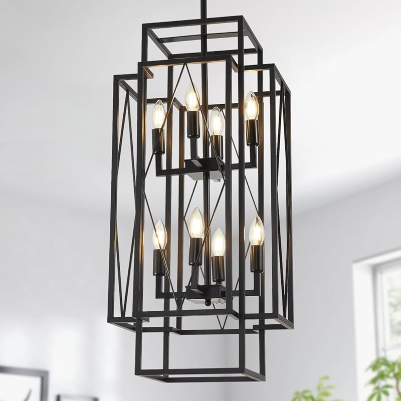 Chandelier Matte Black Tiered Lantern Silhouette Open Cage Eight Light
