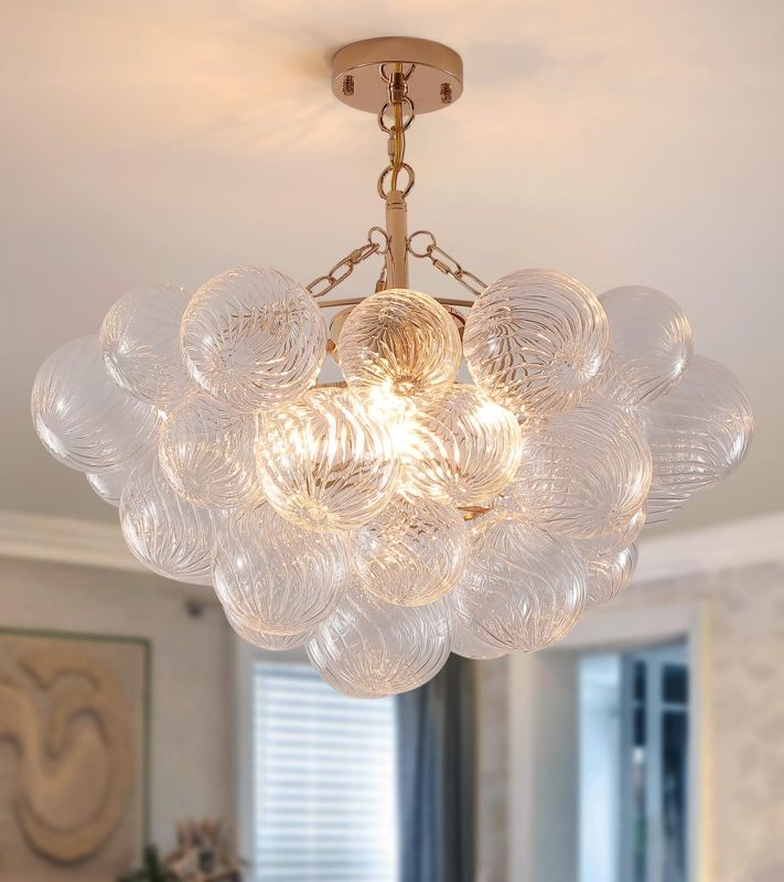 Chandelier Mid-Century Gold Globe Branching Arms Swirled Glass Texture