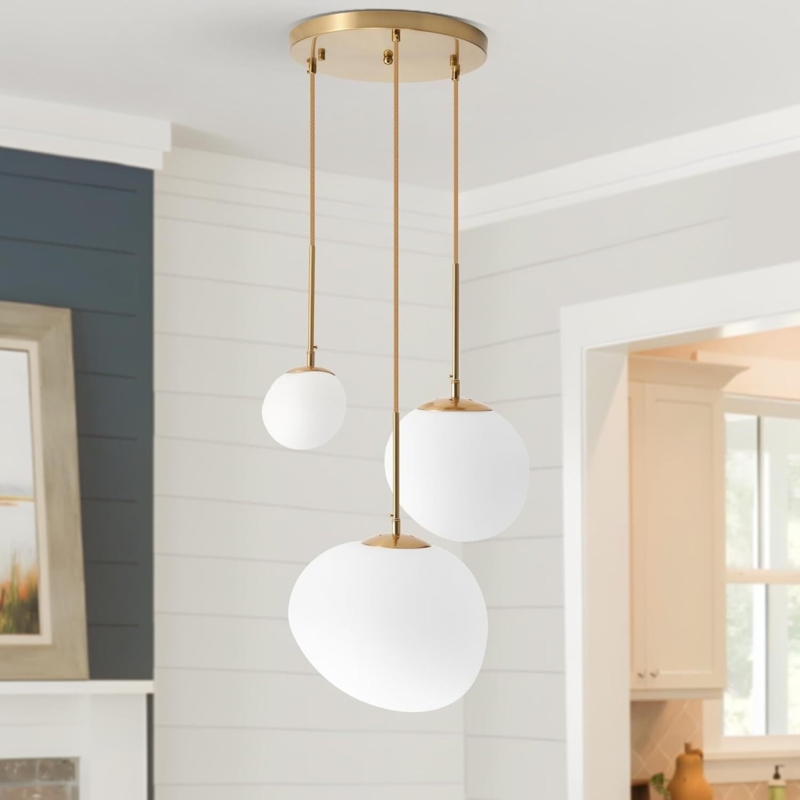 Chandelier Mid Century Modern Three-Light Gold Frame Milk Glass Globes