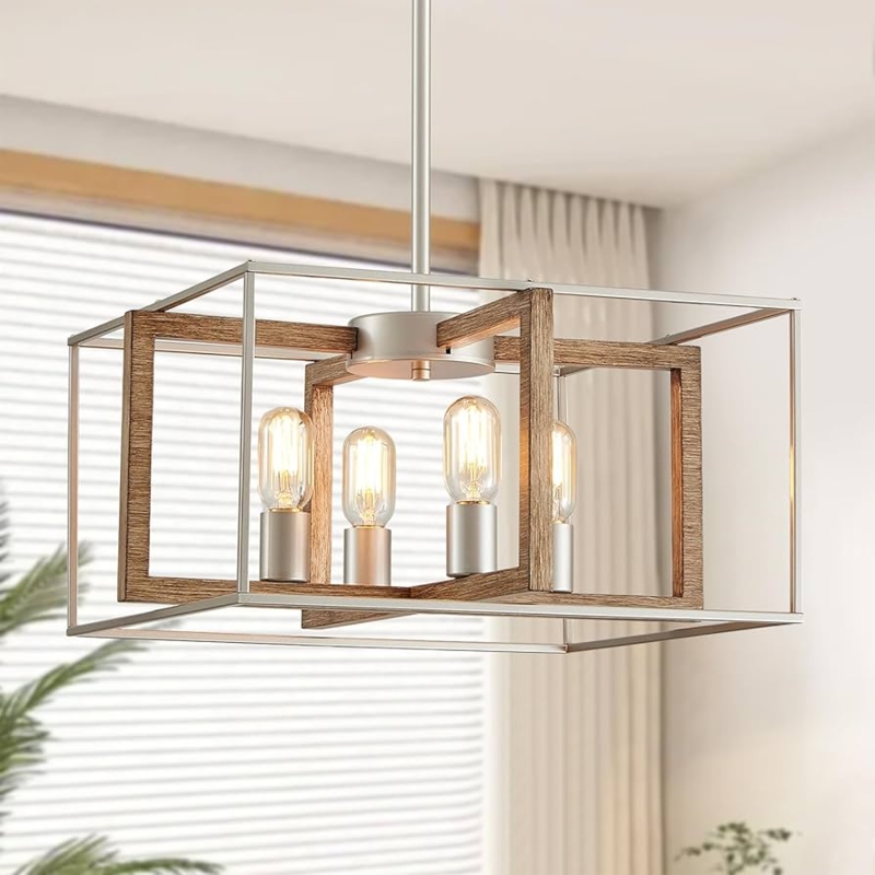 Chandelier Mixed Material Square Frame Modern Farmhouse Dining Light