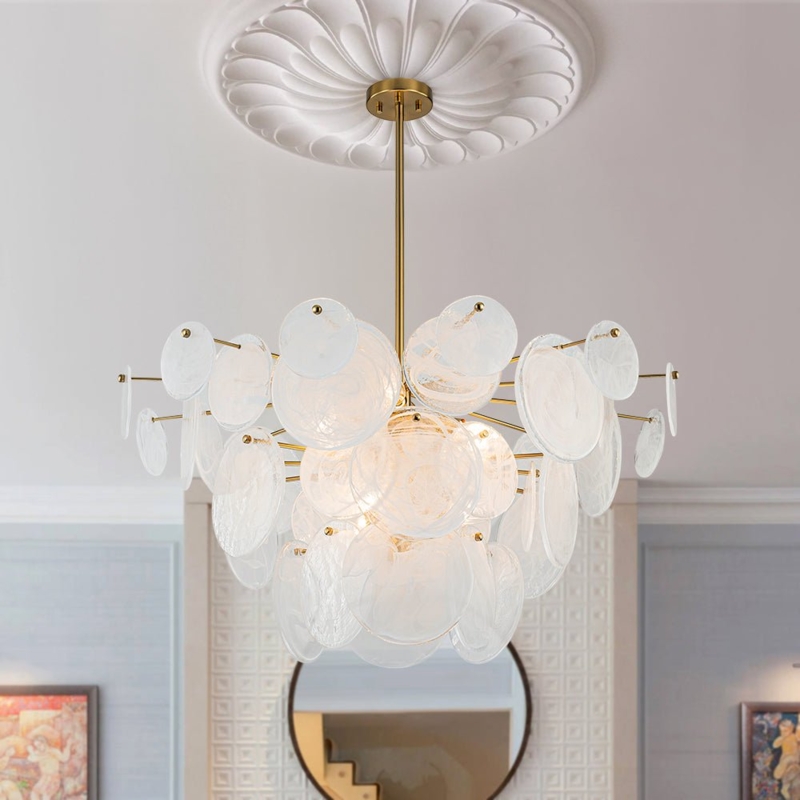 Chandelier Modern 3-Tier with White Strie Glass Shades
