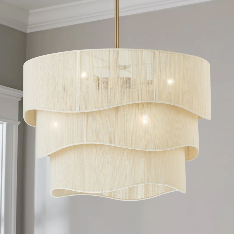 Chandelier Modern Boho Drum Oversized Fabric Shade Gold Metal Hardware