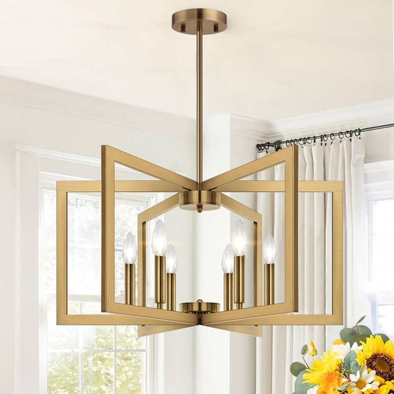 Chandelier Modern Brushed Brass Geometric Spoke Design Exposed Bulbs