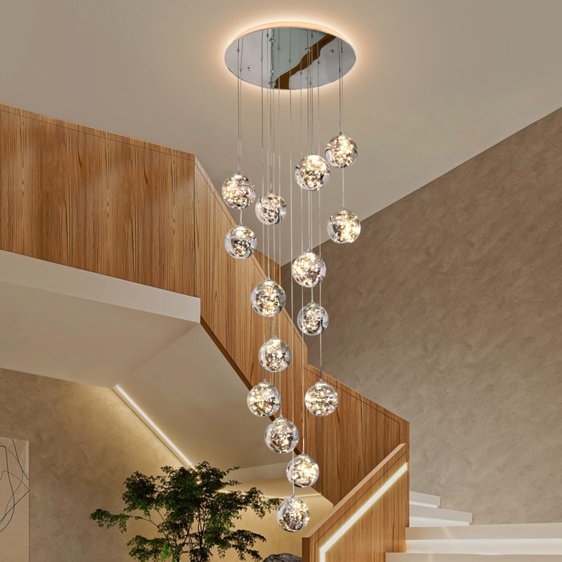 Chandelier: Modern Cascading Design with Gold Teardrop Crystal Pendants