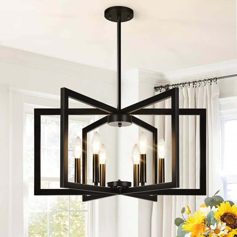 Chandelier Modern Matte Black Geometric Frame Open Cage Dining Light